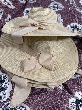 Classic Wide-Brim Straw Sun Hat with Ribbon - Beige